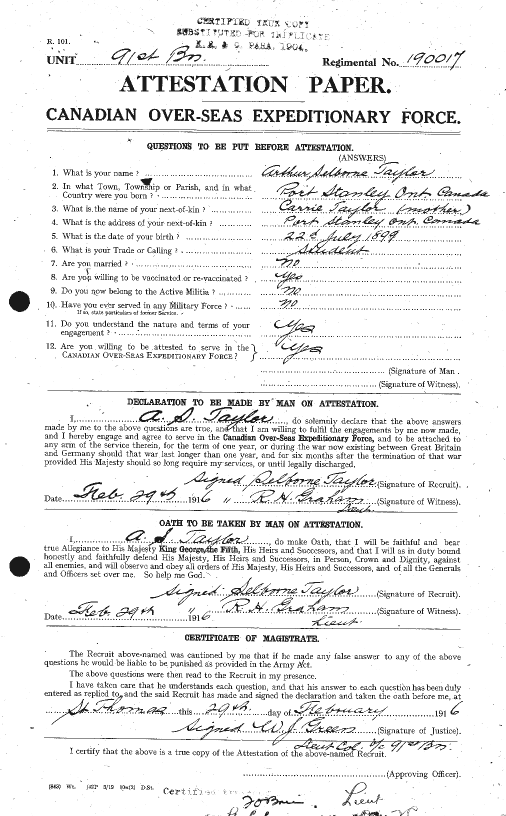 Dossiers du Personnel de la Première Guerre mondiale - CEC 626744a