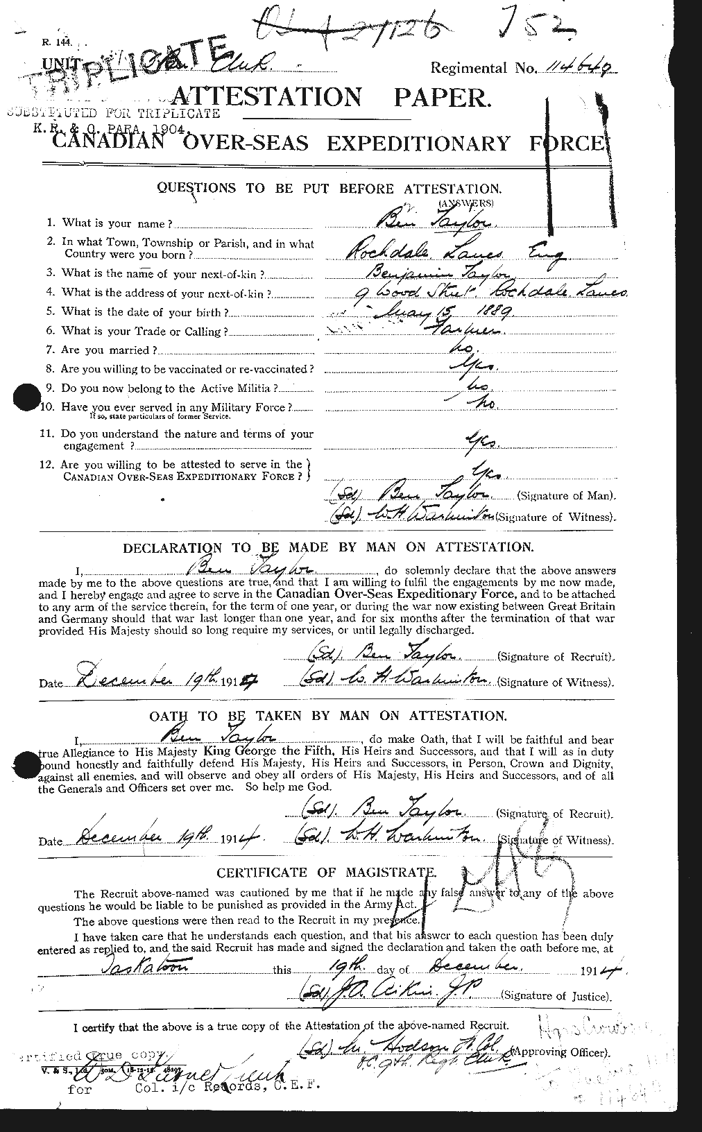 Dossiers du Personnel de la Première Guerre mondiale - CEC 626758a