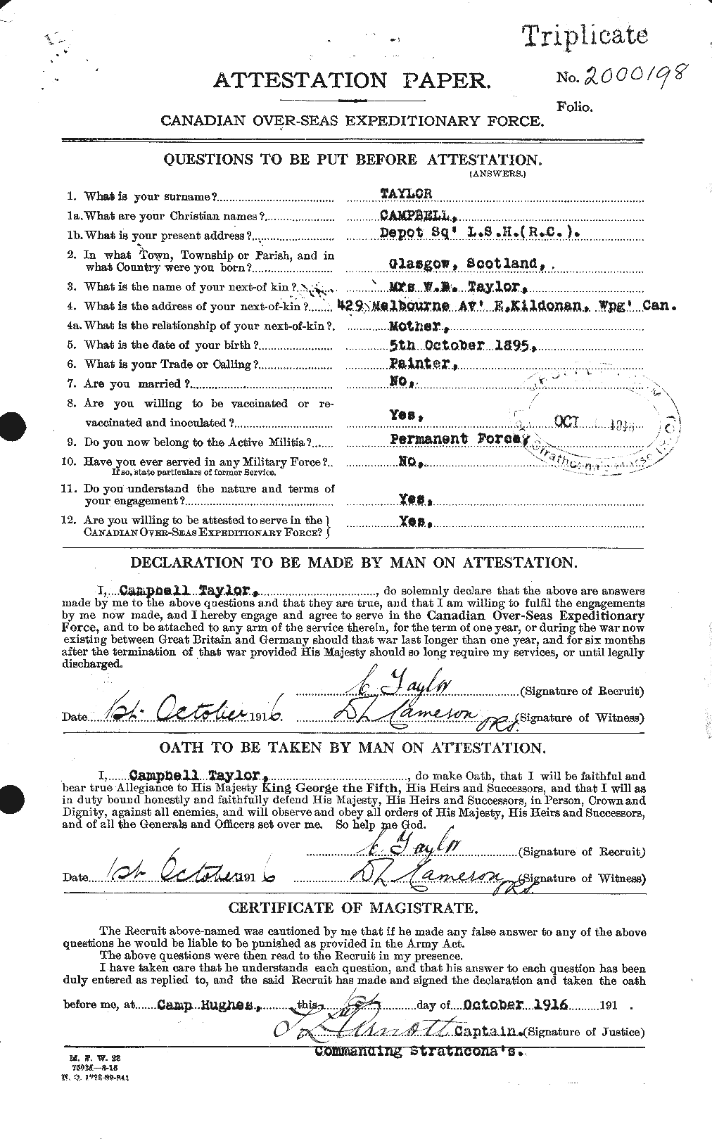 Dossiers du Personnel de la Première Guerre mondiale - CEC 626782a