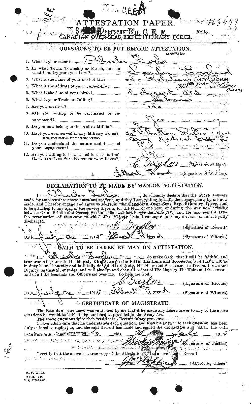 Dossiers du Personnel de la Première Guerre mondiale - CEC 626801a