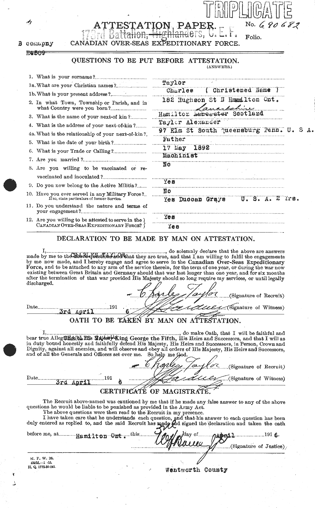 Dossiers du Personnel de la Première Guerre mondiale - CEC 626807a