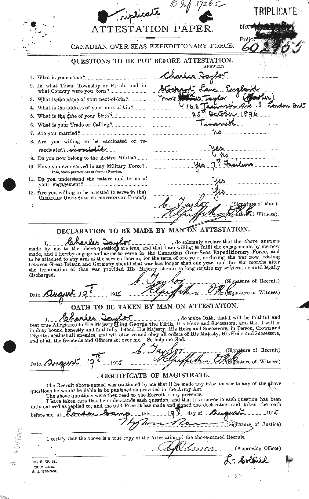 Dossiers du Personnel de la Première Guerre mondiale - CEC 626811a