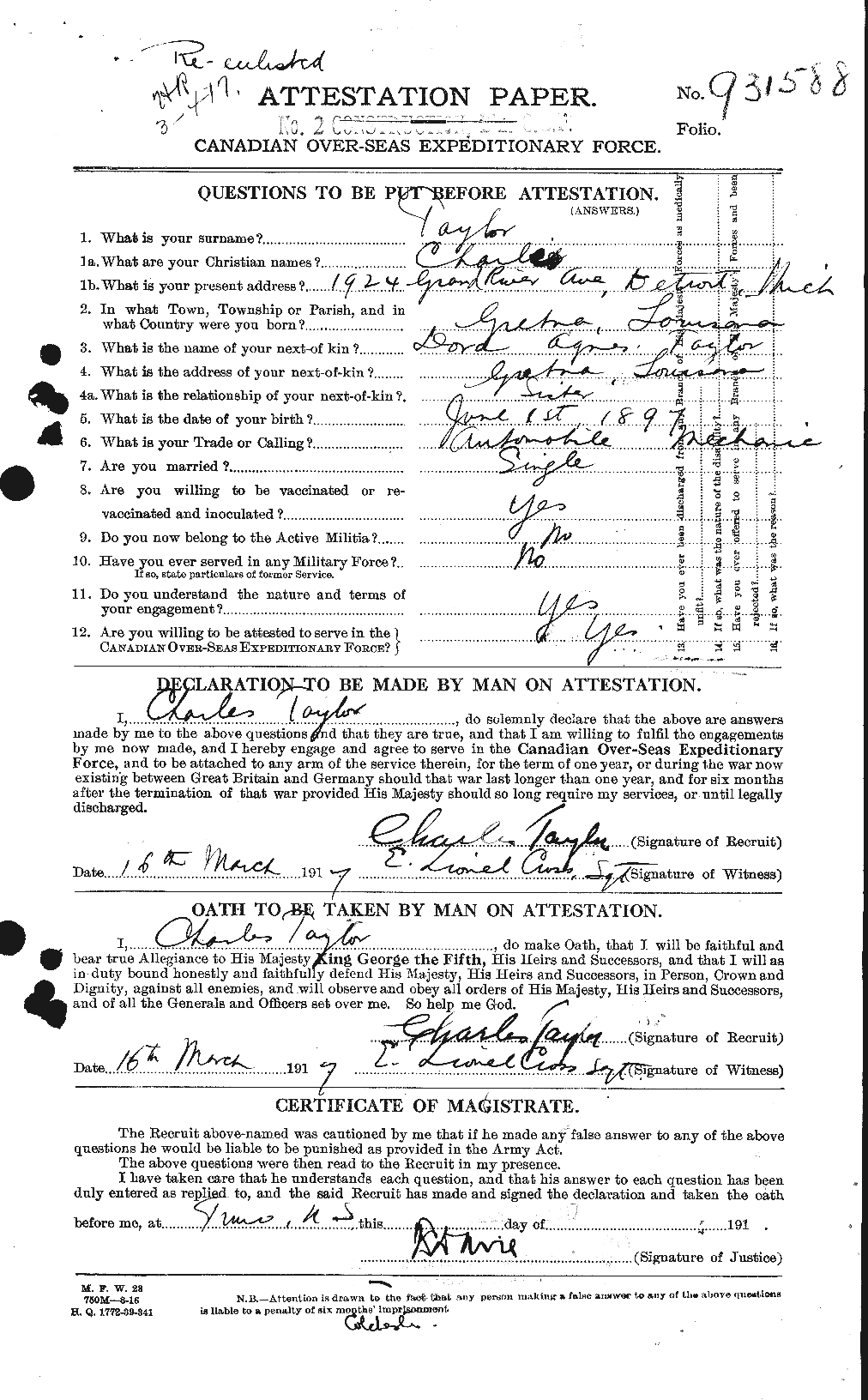 Dossiers du Personnel de la Première Guerre mondiale - CEC 626813a