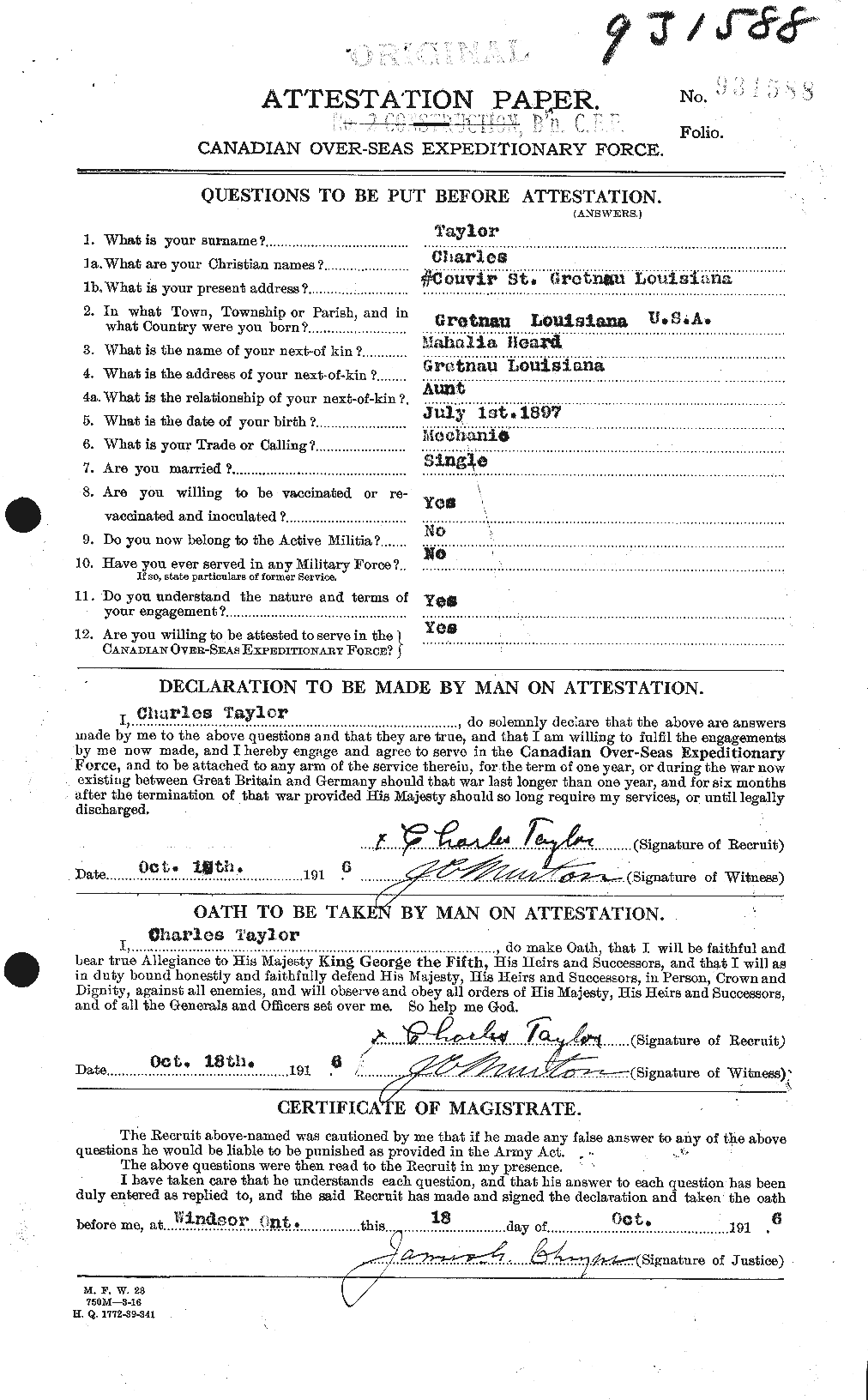 Dossiers du Personnel de la Première Guerre mondiale - CEC 626814a
