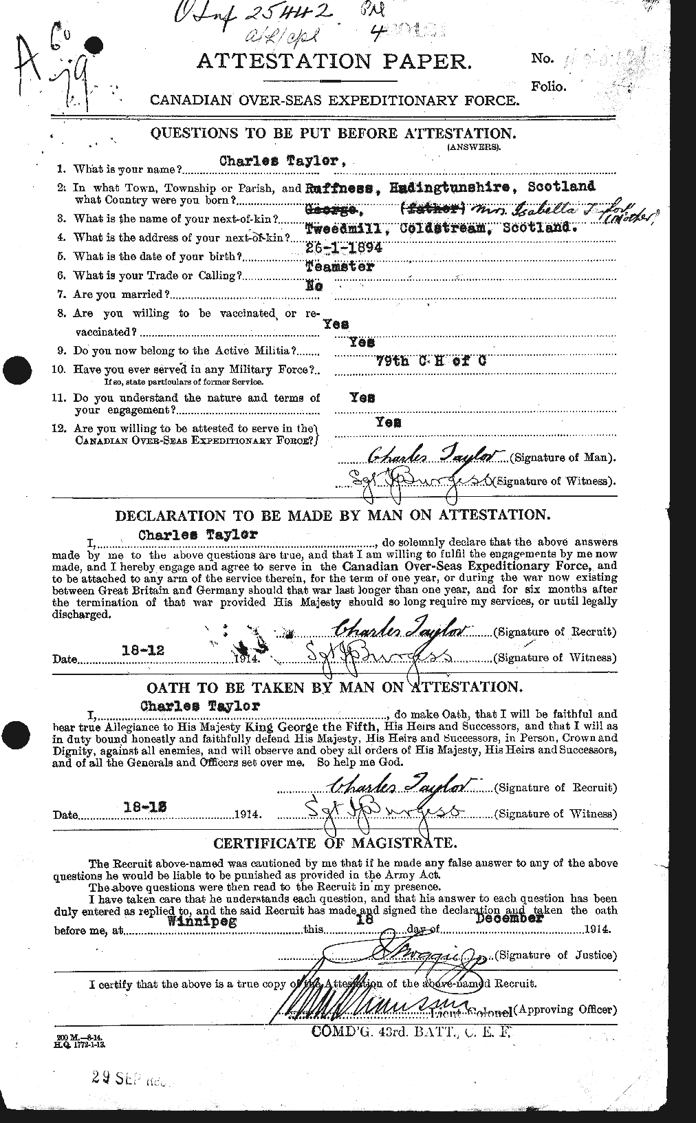 Dossiers du Personnel de la Première Guerre mondiale - CEC 626816a