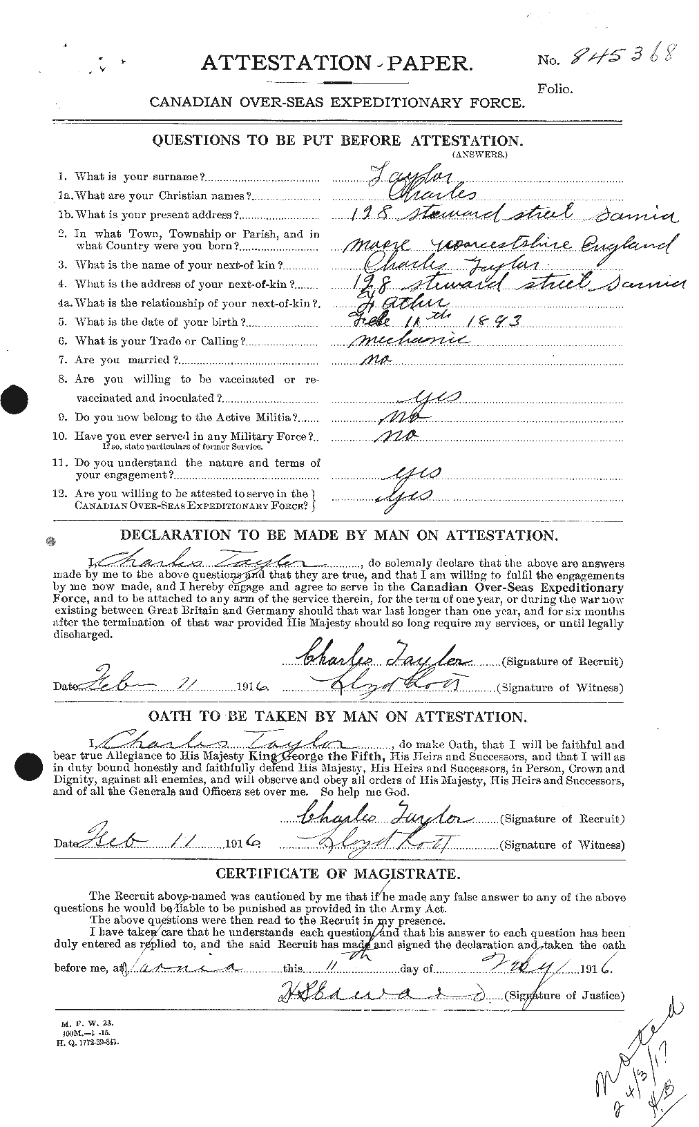 Dossiers du Personnel de la Première Guerre mondiale - CEC 626823a