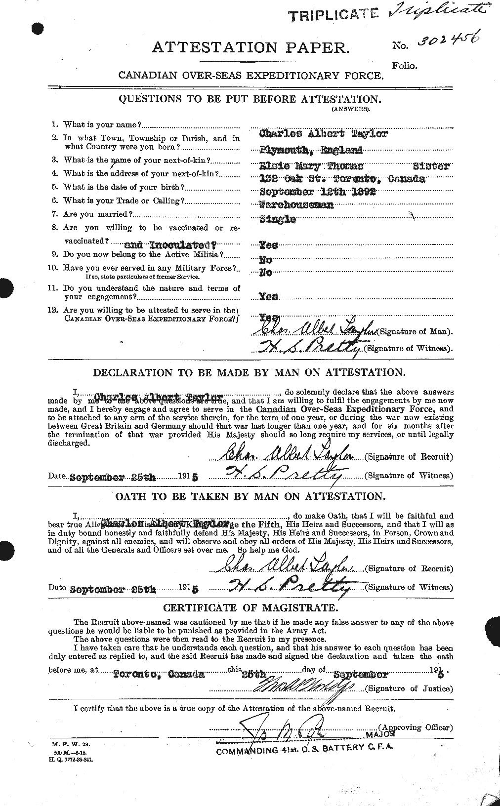 Dossiers du Personnel de la Première Guerre mondiale - CEC 626828a