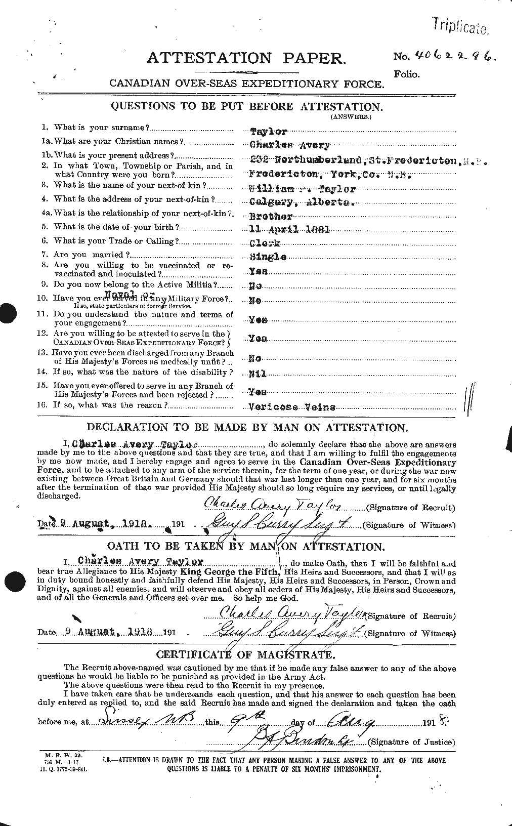 Dossiers du Personnel de la Première Guerre mondiale - CEC 626829a