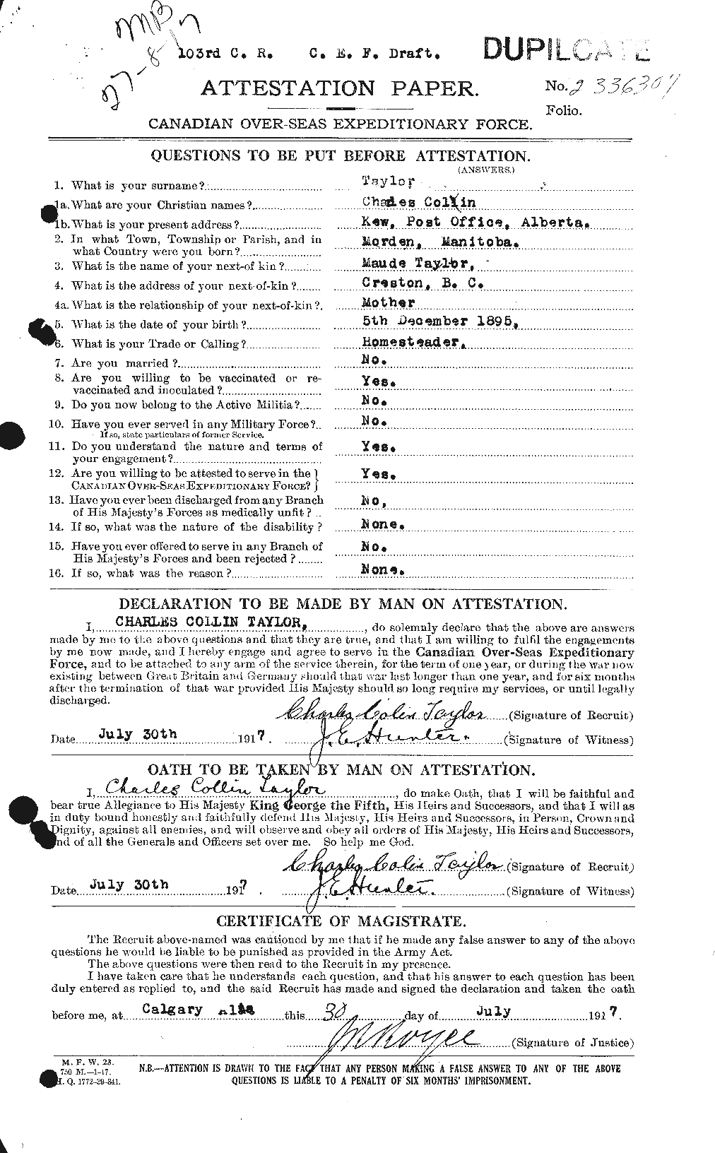 Dossiers du Personnel de la Première Guerre mondiale - CEC 626834a