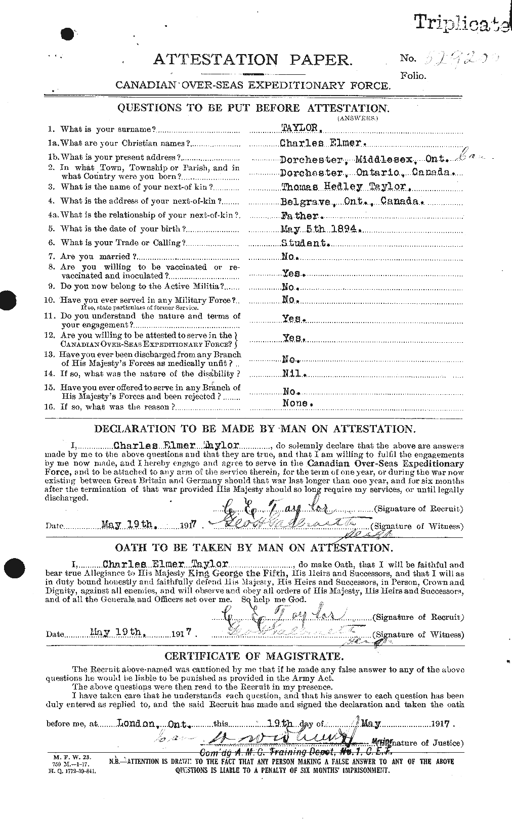Dossiers du Personnel de la Première Guerre mondiale - CEC 626838a