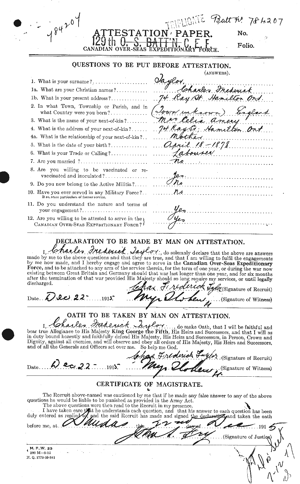 Dossiers du Personnel de la Première Guerre mondiale - CEC 626842a