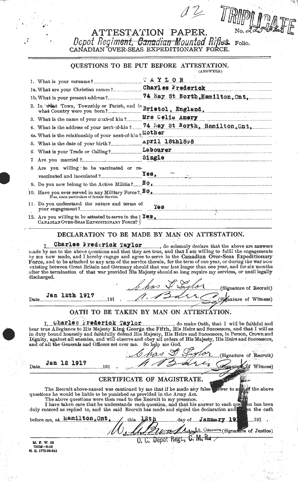 Dossiers du Personnel de la Première Guerre mondiale - CEC 626843a