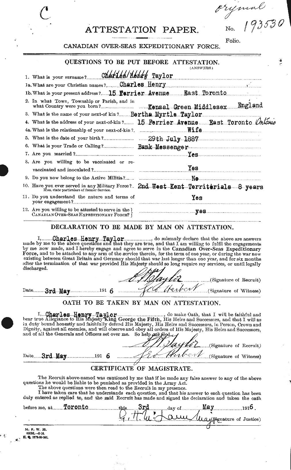 Dossiers du Personnel de la Première Guerre mondiale - CEC 626852a