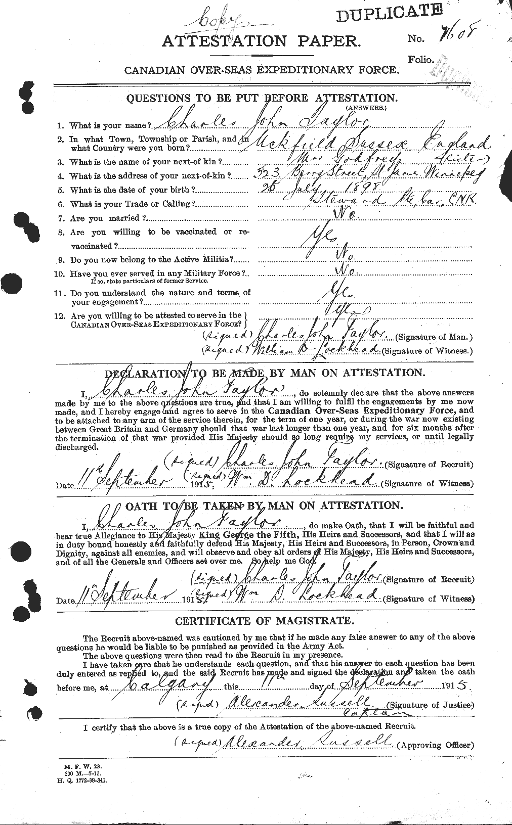 Dossiers du Personnel de la Première Guerre mondiale - CEC 626862a