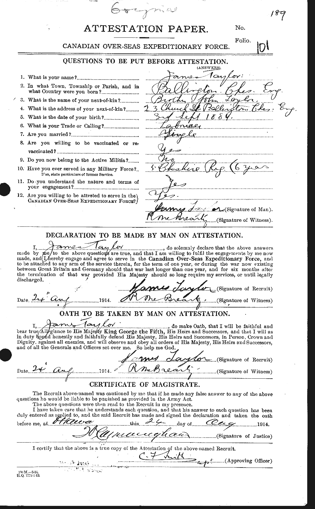 Dossiers du Personnel de la Première Guerre mondiale - CEC 626896a
