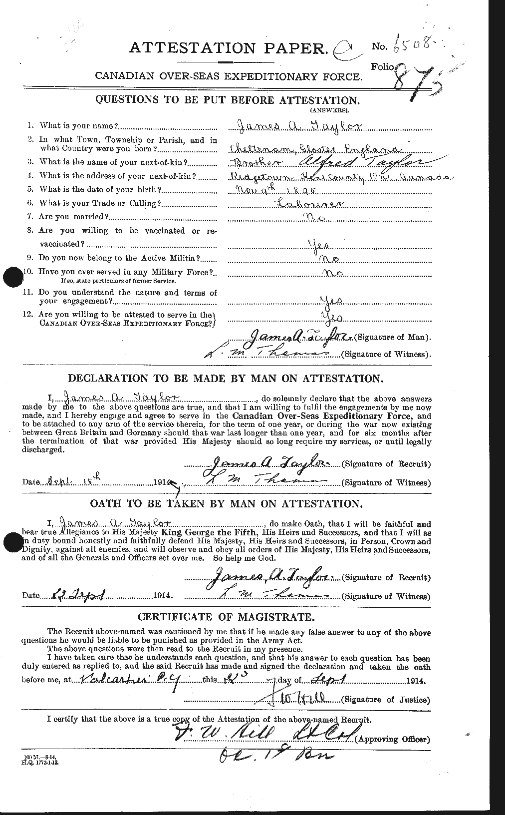 Dossiers du Personnel de la Première Guerre mondiale - CEC 626900a