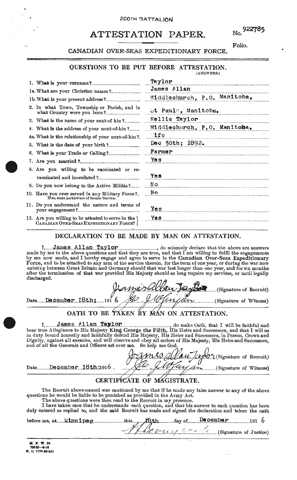 Dossiers du Personnel de la Première Guerre mondiale - CEC 626902a