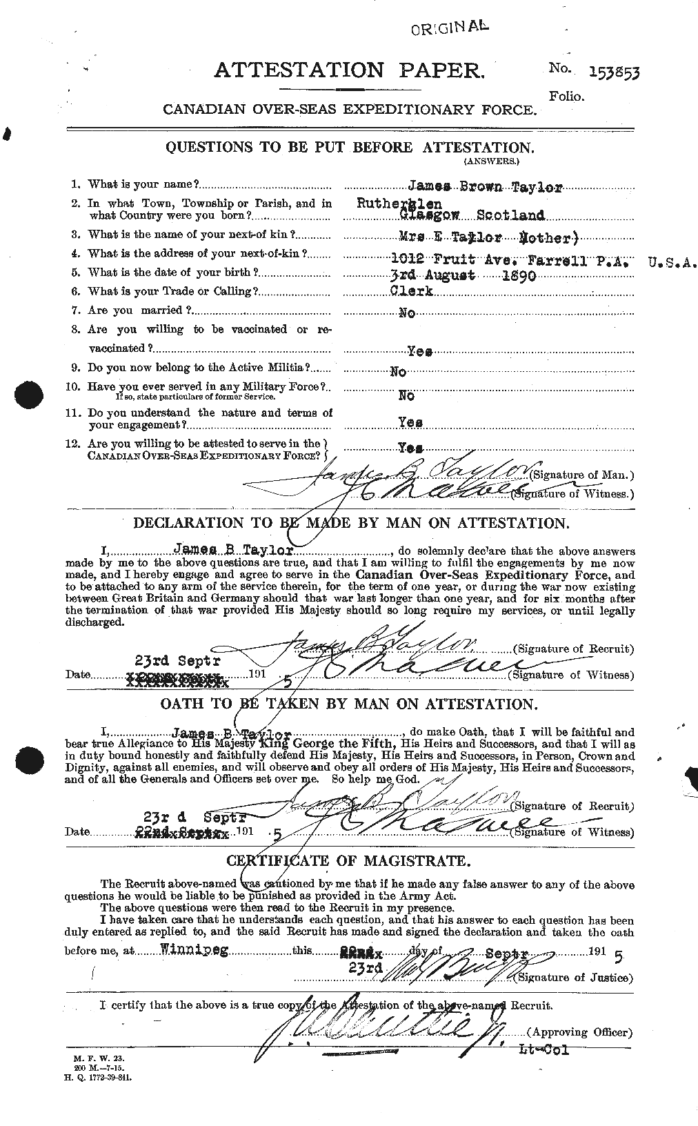 Dossiers du Personnel de la Première Guerre mondiale - CEC 626908a