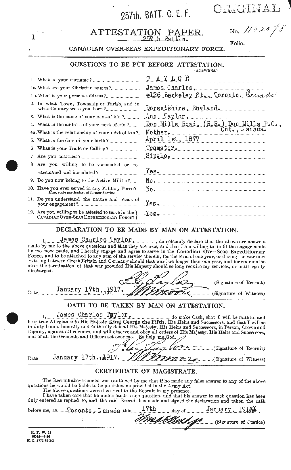 Dossiers du Personnel de la Première Guerre mondiale - CEC 626909a