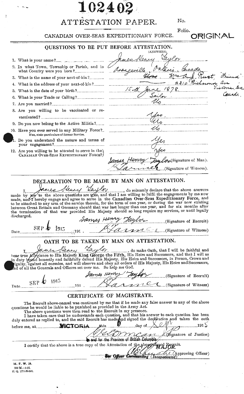 Dossiers du Personnel de la Première Guerre mondiale - CEC 626927a