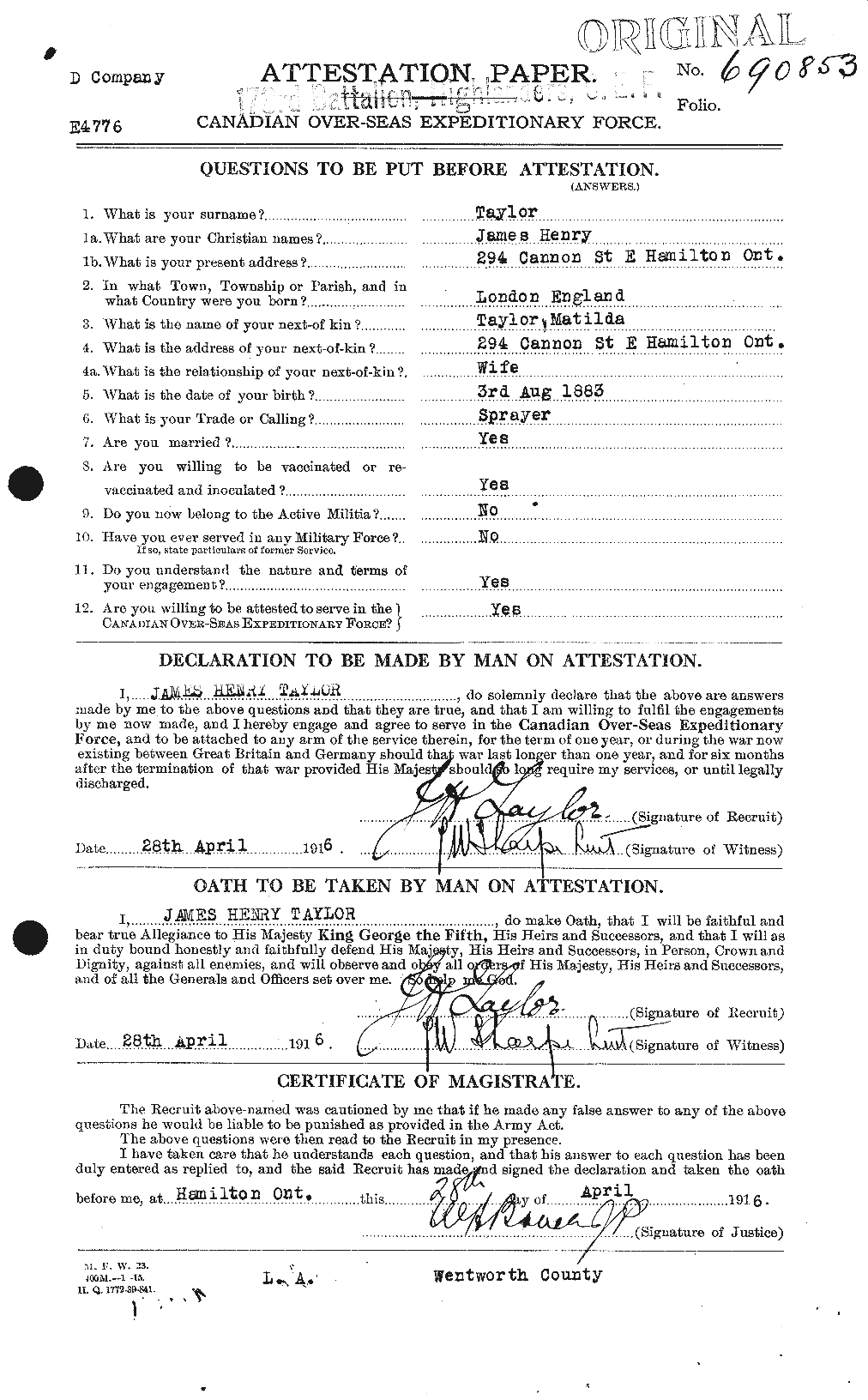 Dossiers du Personnel de la Première Guerre mondiale - CEC 626928a
