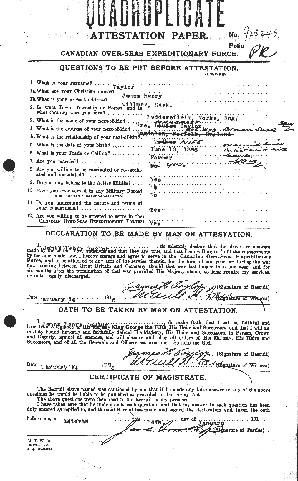 Dossiers du Personnel de la Première Guerre mondiale - CEC 626929a