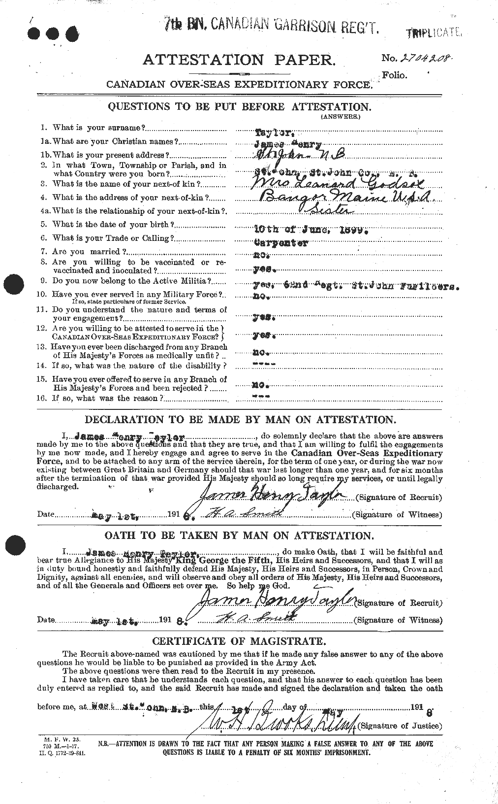 Dossiers du Personnel de la Première Guerre mondiale - CEC 626930a