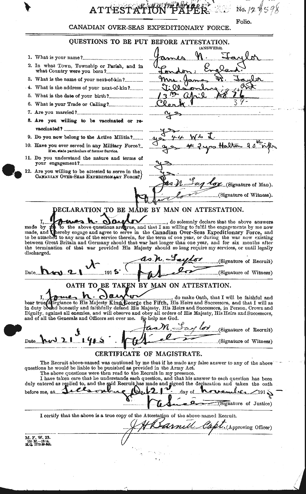 Dossiers du Personnel de la Première Guerre mondiale - CEC 626944a