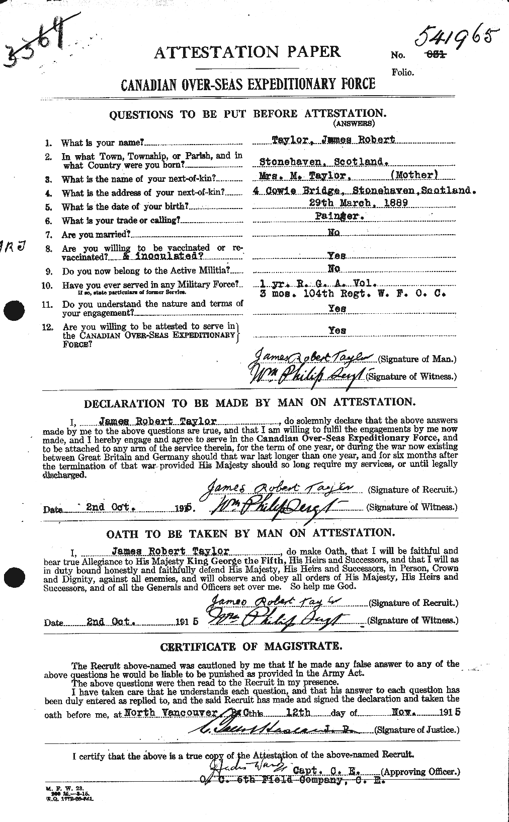 Dossiers du Personnel de la Première Guerre mondiale - CEC 626948a