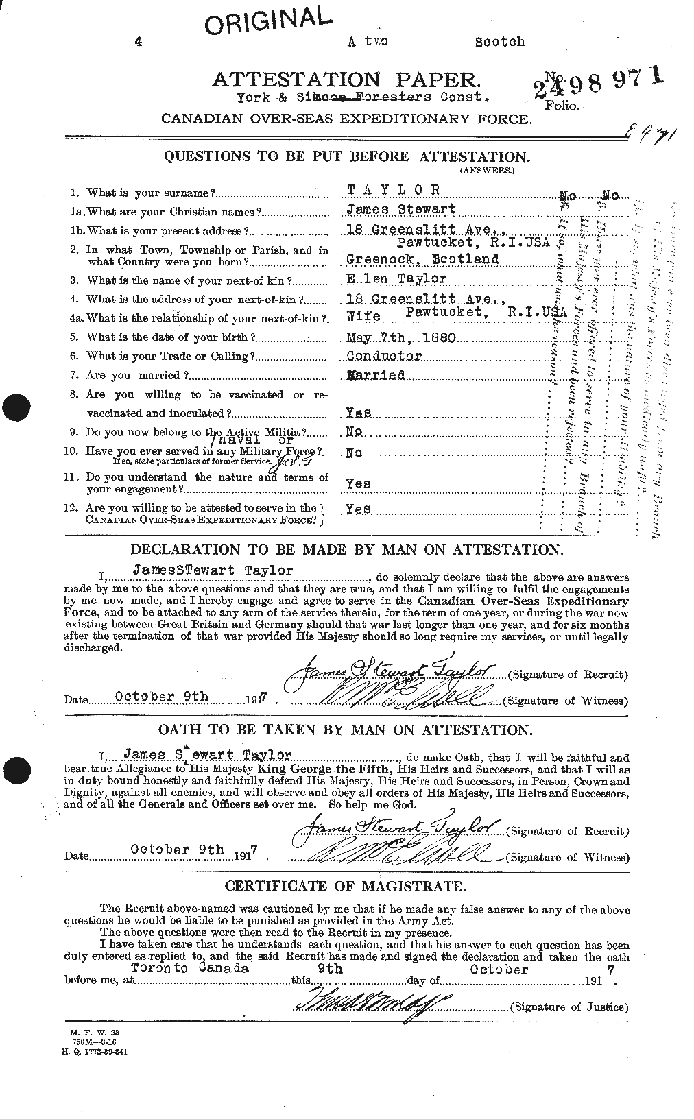 Dossiers du Personnel de la Première Guerre mondiale - CEC 626956a