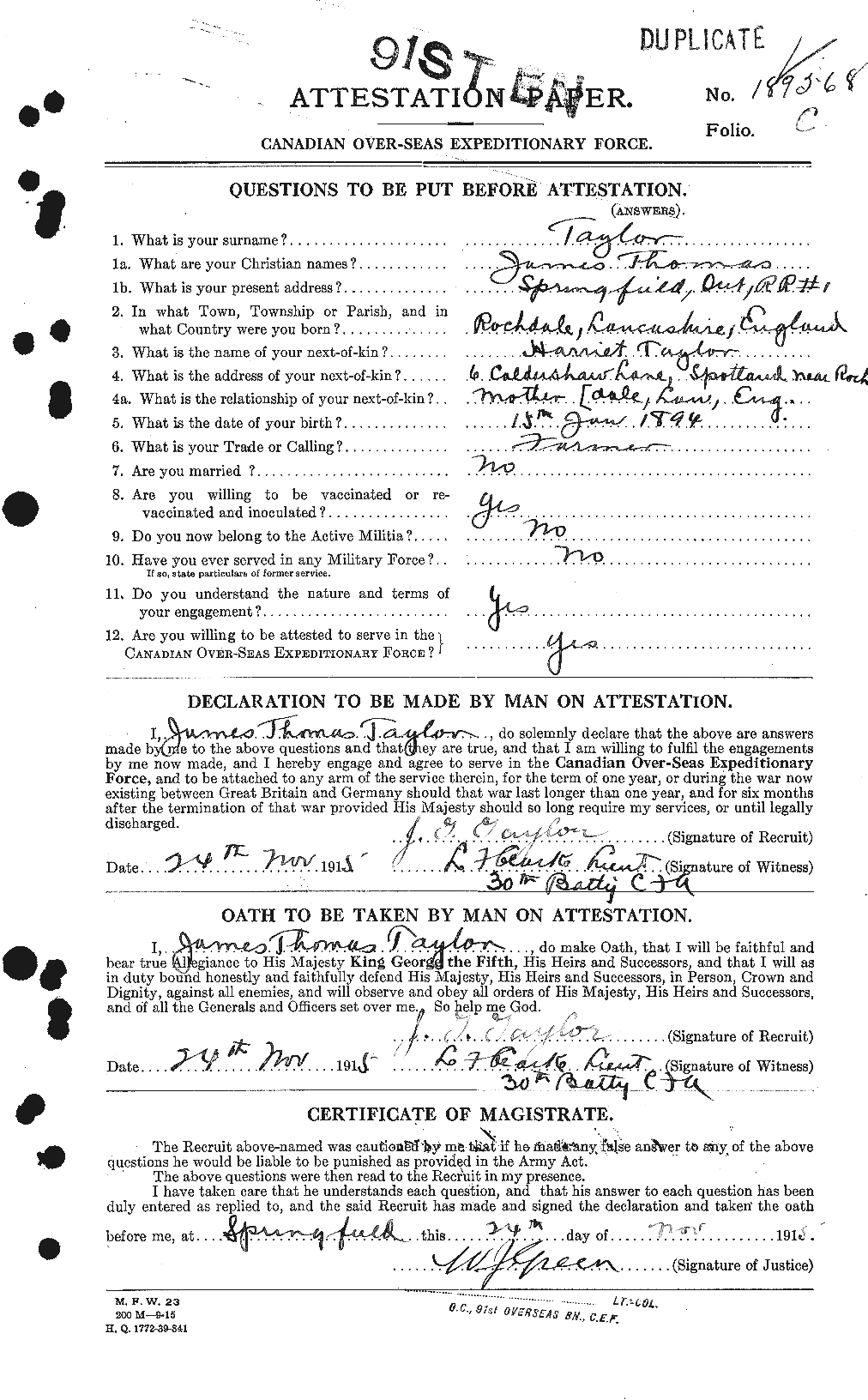 Dossiers du Personnel de la Première Guerre mondiale - CEC 626958a