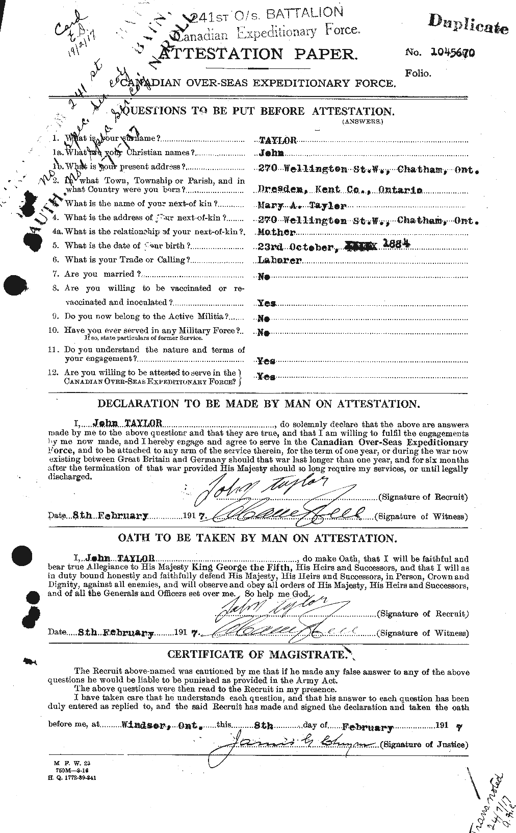 Dossiers du Personnel de la Première Guerre mondiale - CEC 626974a