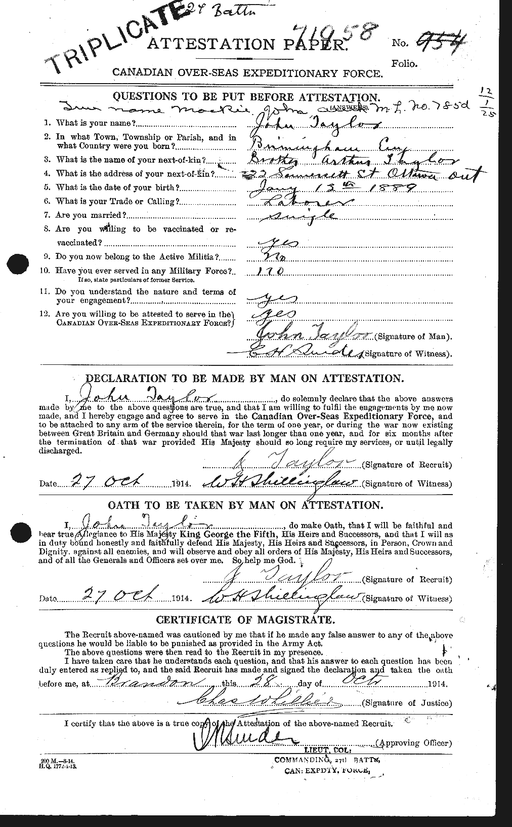 Dossiers du Personnel de la Première Guerre mondiale - CEC 626979a