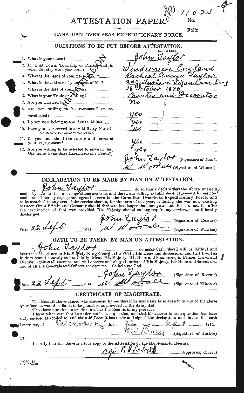 Dossiers du Personnel de la Première Guerre mondiale - CEC 626981a