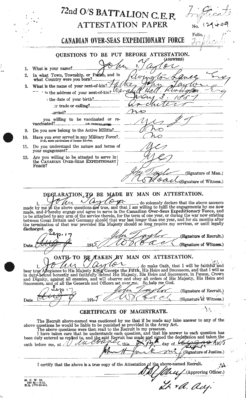 Dossiers du Personnel de la Première Guerre mondiale - CEC 626986a