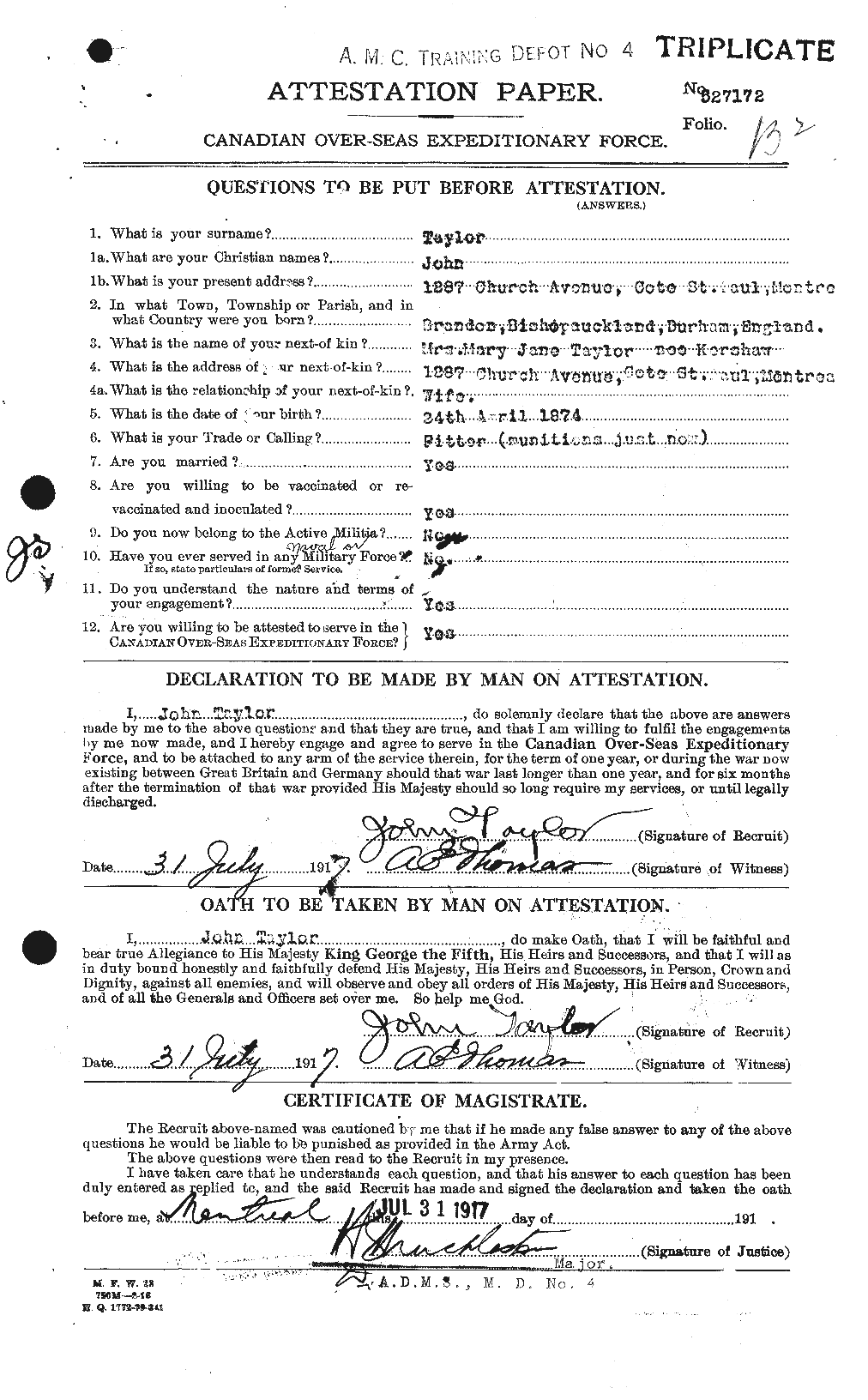 Dossiers du Personnel de la Première Guerre mondiale - CEC 627004a