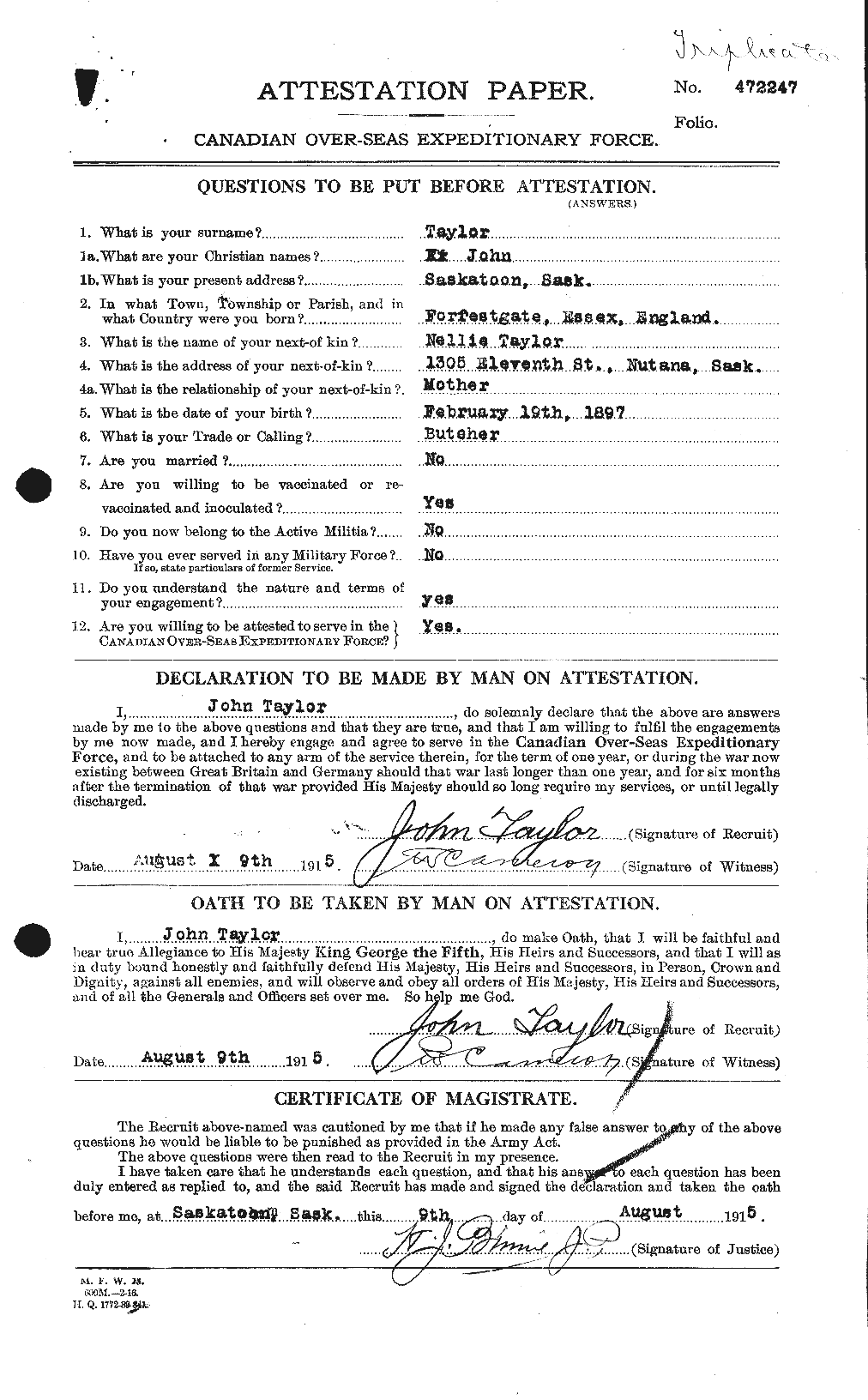 Dossiers du Personnel de la Première Guerre mondiale - CEC 627010a