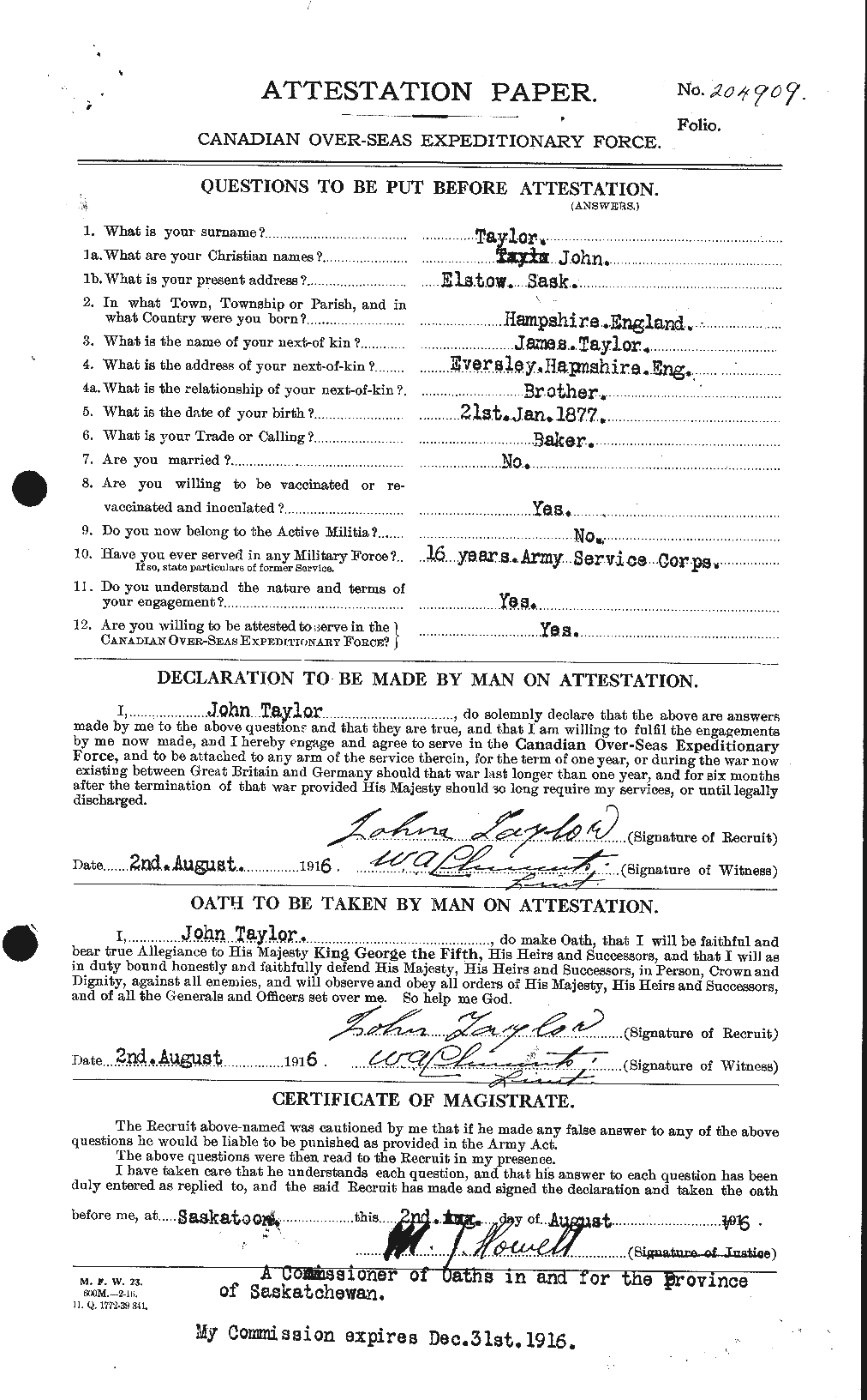 Dossiers du Personnel de la Première Guerre mondiale - CEC 627029a