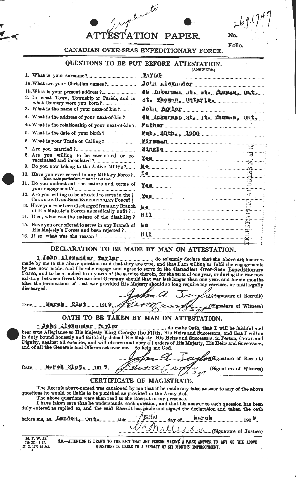 Dossiers du Personnel de la Première Guerre mondiale - CEC 627041a
