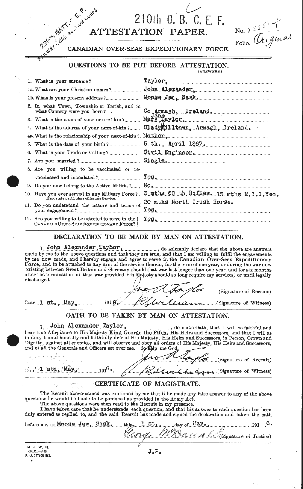 Dossiers du Personnel de la Première Guerre mondiale - CEC 627042a