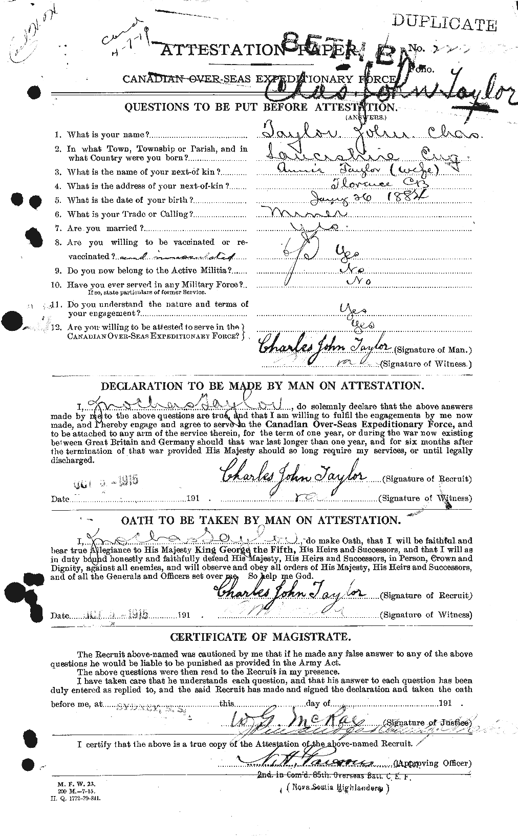 Dossiers du Personnel de la Première Guerre mondiale - CEC 627057a
