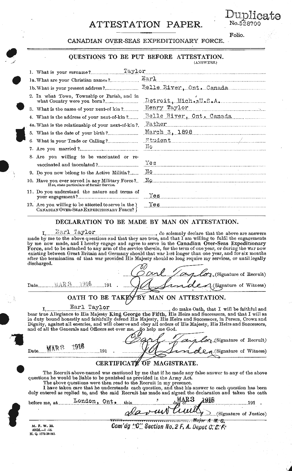 Dossiers du Personnel de la Première Guerre mondiale - CEC 627264a