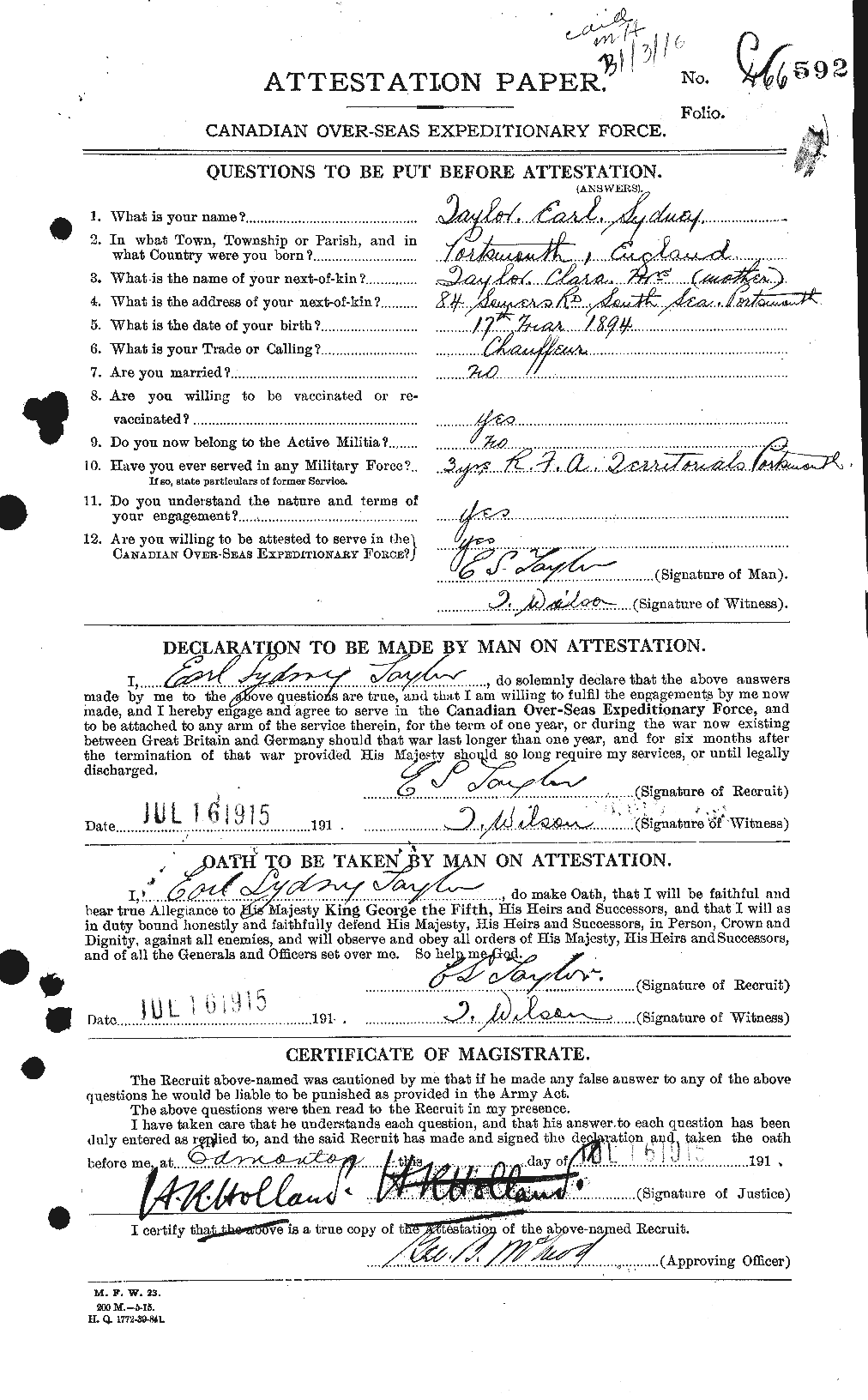 Dossiers du Personnel de la Première Guerre mondiale - CEC 627267a