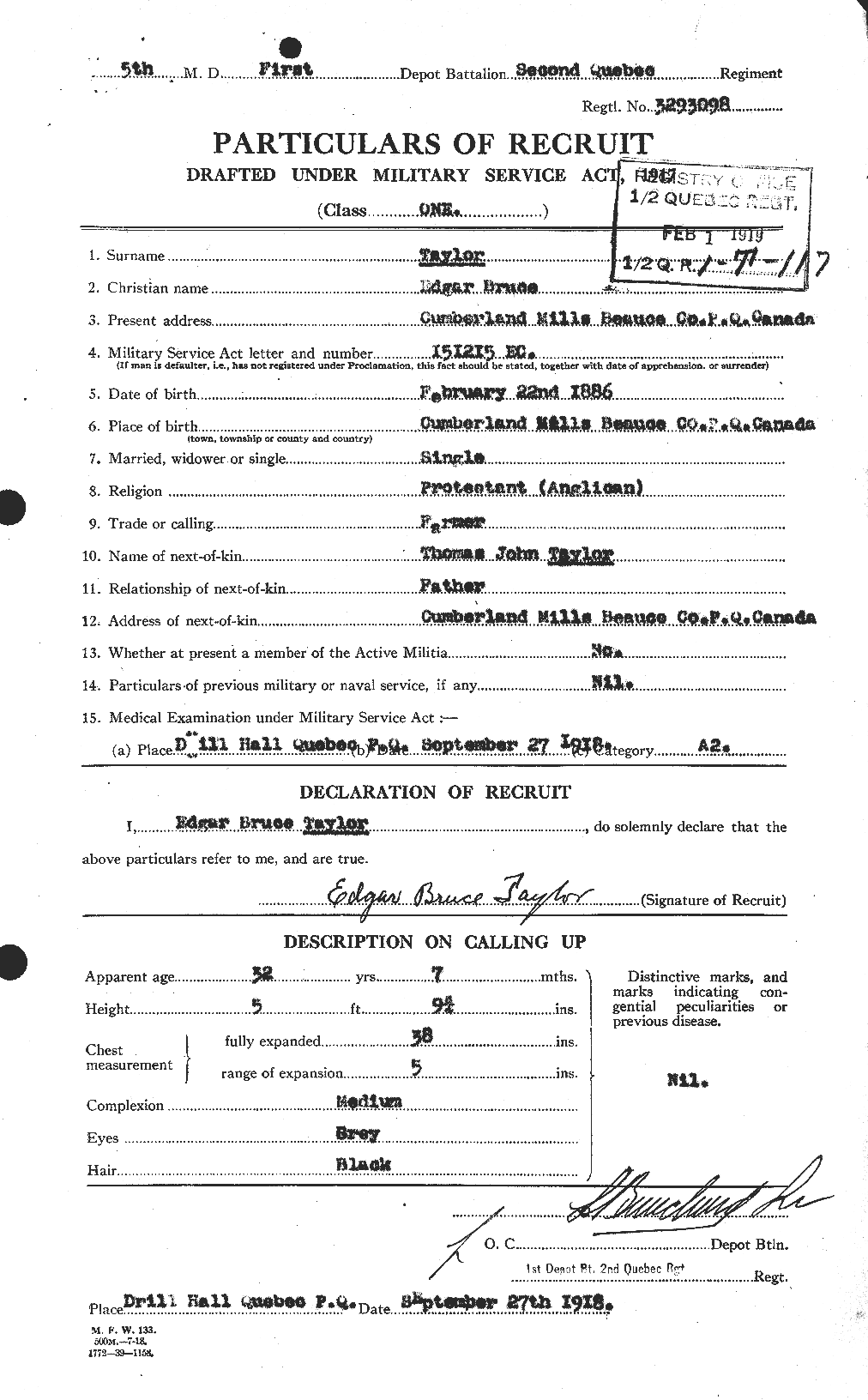 Dossiers du Personnel de la Première Guerre mondiale - CEC 627274a