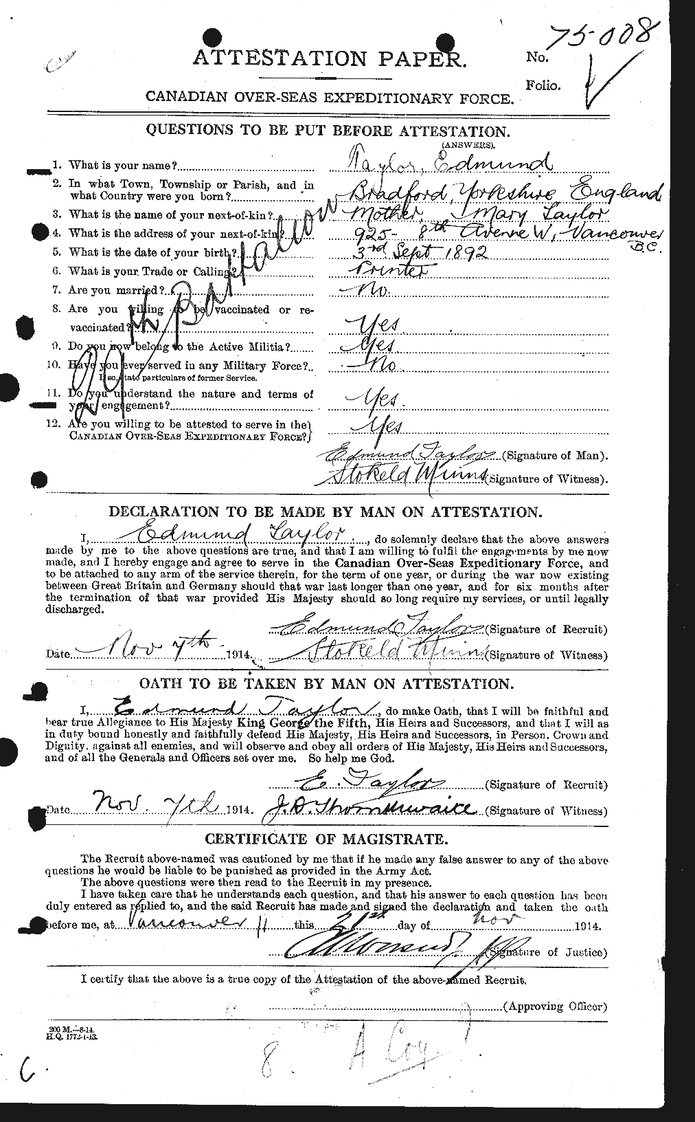 Dossiers du Personnel de la Première Guerre mondiale - CEC 627276a