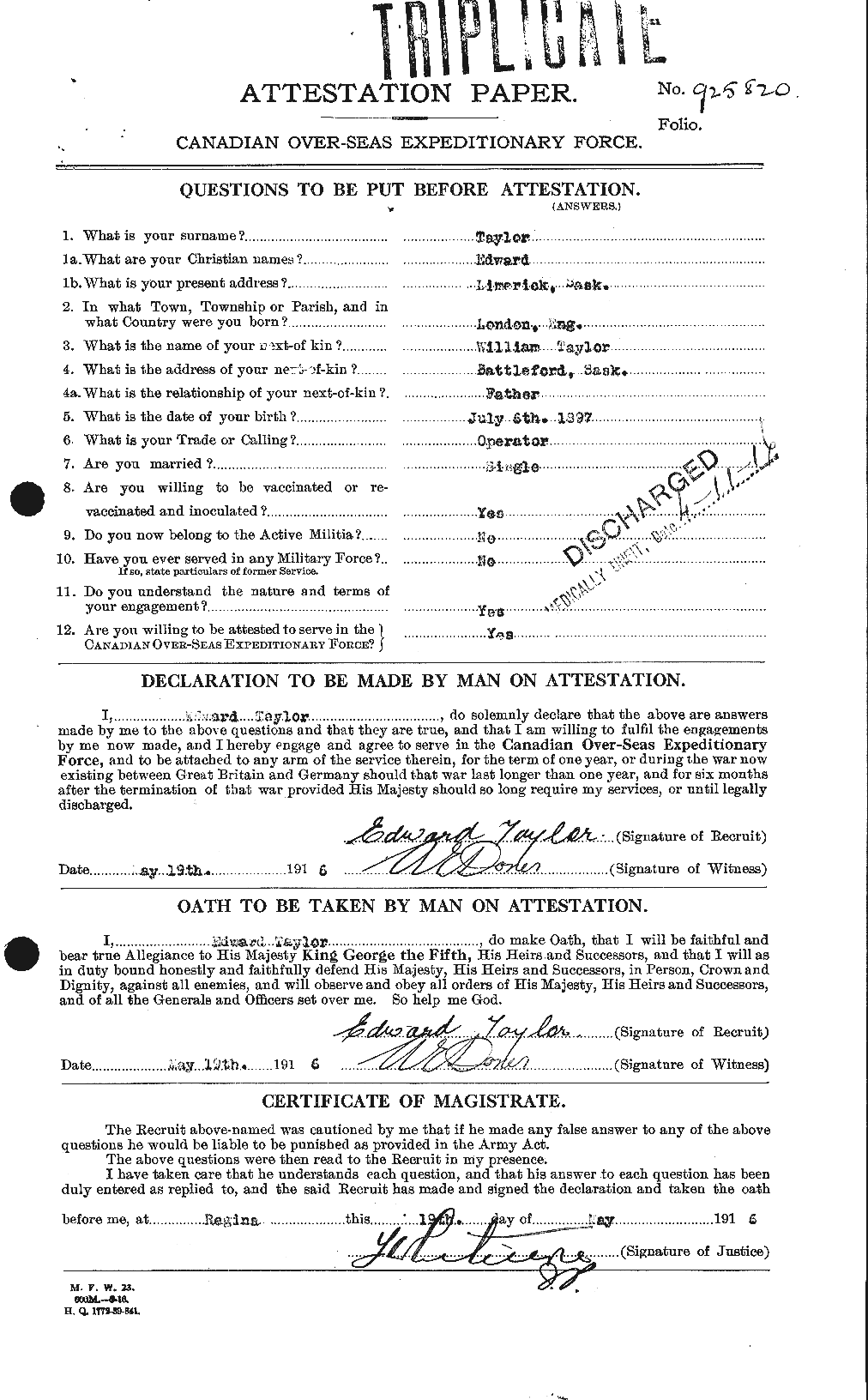 Dossiers du Personnel de la Première Guerre mondiale - CEC 627283a