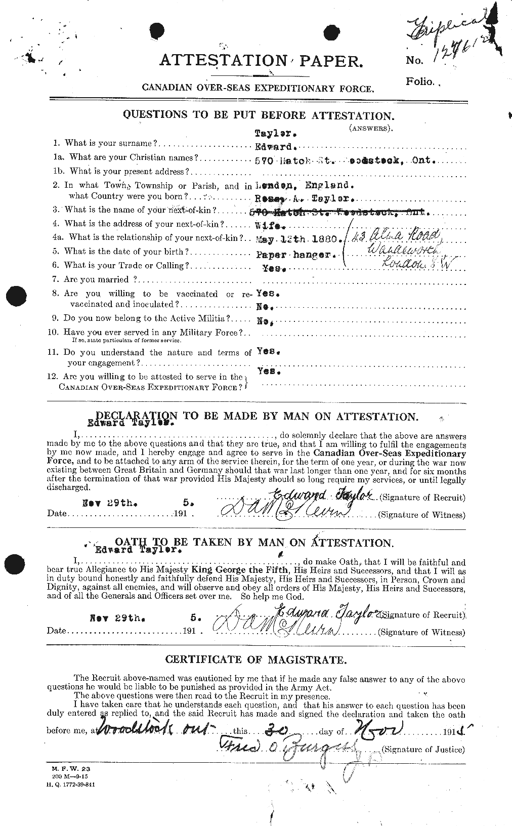 Dossiers du Personnel de la Première Guerre mondiale - CEC 627286a