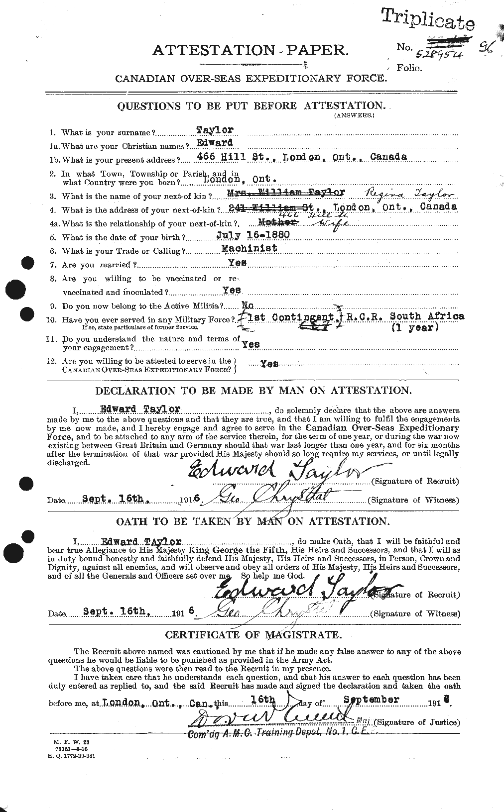 Dossiers du Personnel de la Première Guerre mondiale - CEC 627288a