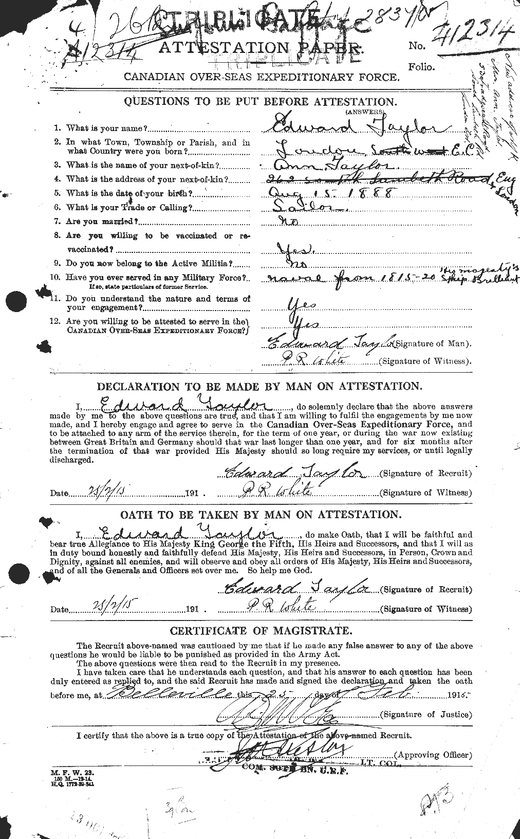 Dossiers du Personnel de la Première Guerre mondiale - CEC 627296a