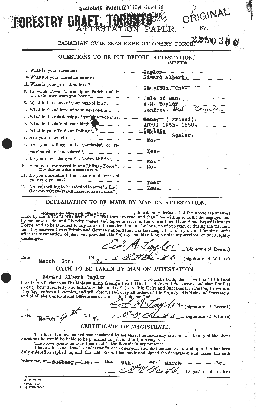 Dossiers du Personnel de la Première Guerre mondiale - CEC 627298a